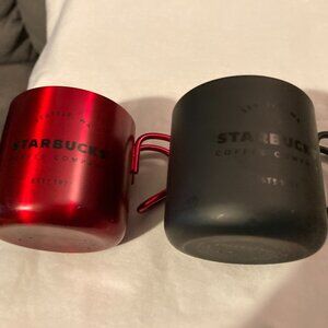 Starbucks 2" Metal Demitasse Espresso Cups/Mugs-1 Red and 1 Black-Holds 3 oz-EUC